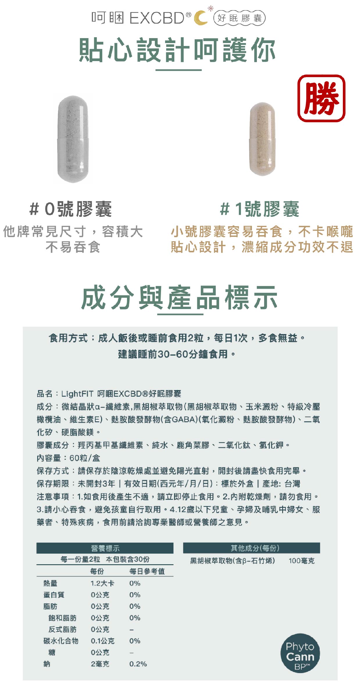 「呵睏 EXCBD® 好眠膠囊」LightFIT保健食品,1號膠囊設計,濃縮成分功效不退,縮小尺寸更好吞食!成分與產品標示