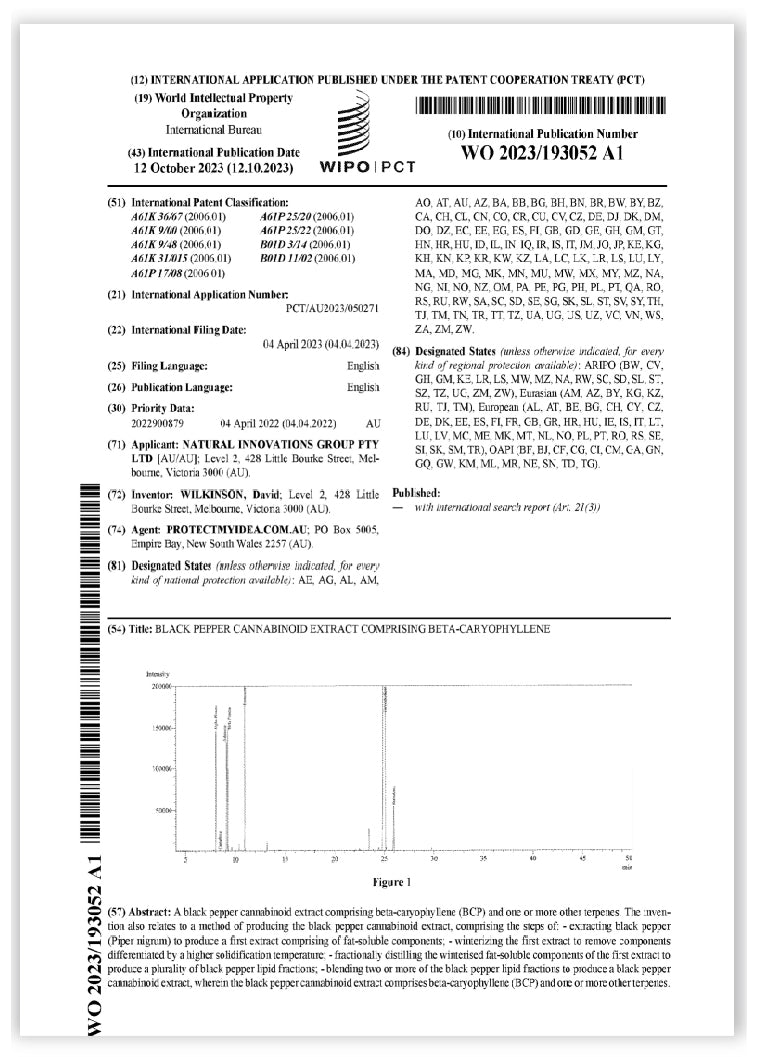 LightFIT 呵睏EXCBD好眠膠囊 助眠幫助入睡的主力成分 β-石竹烯 專利號 WO2023/193052Α1 世界專利證書