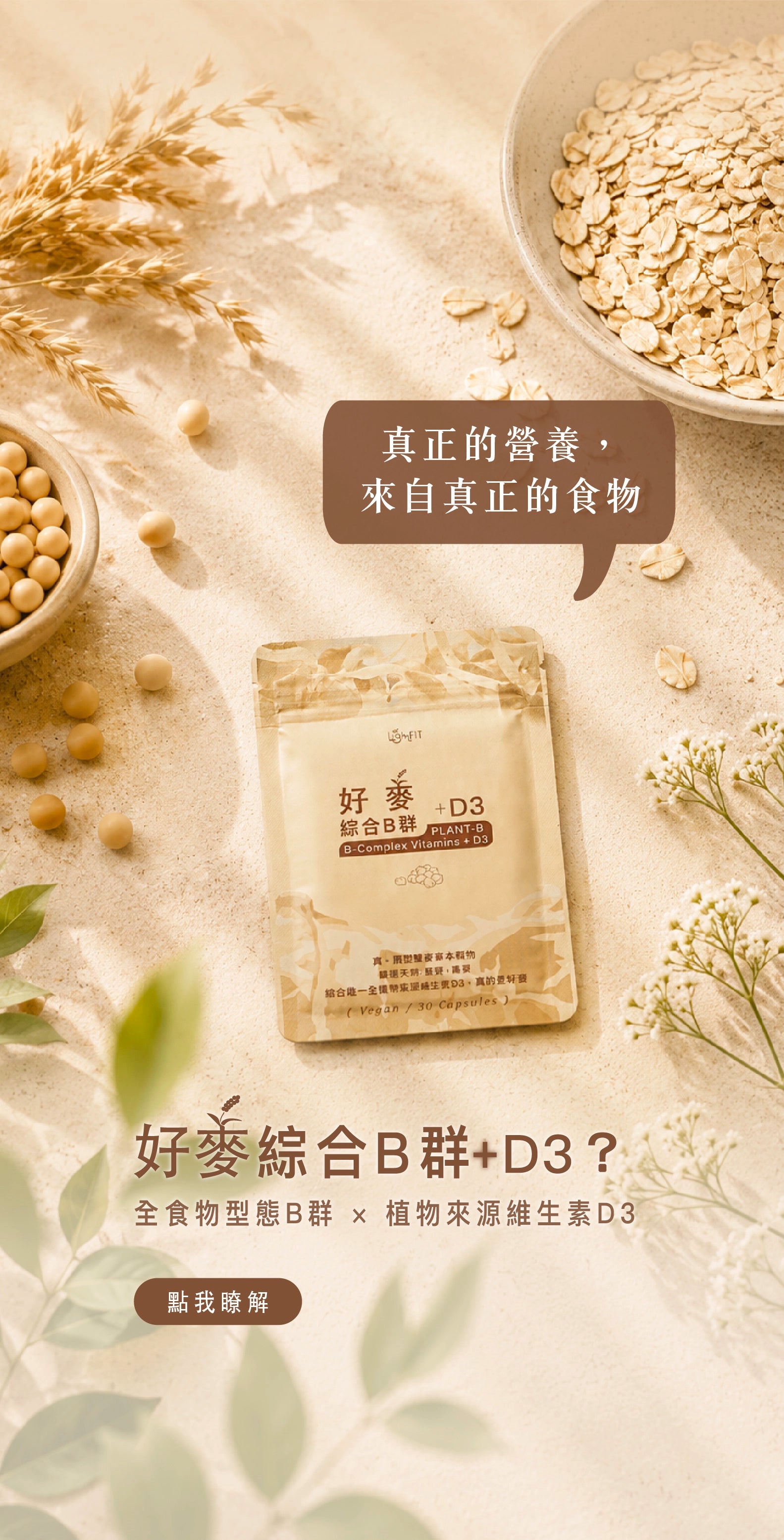 LightFIT 天然好麥綜合 B 群+D3 素食膠囊，全台第一支全食物型態天然 B 群與純植物來源維生素 D3，天然藜麥和蕎麥的B群，提供高效吸收、天然無化學負擔的提神與日常營養防護，告別傳統化學合成 B 群的難聞氣味，完美結合維生素 B、D3 三效足量配方，提供全家大小、素食族群每日有感提神與增強免疫力的基礎營養品。為全素食者指標性保健食品。LightFIT 保健食品，B群＋D3第一推薦，堅持，呵護你的健康。